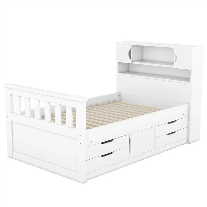 Letto a piattaforma Twin/Full Size Captain con 4 cassetti e mensole portaoggetti, struttura letto in legno massello con testiera libreria contenitore
