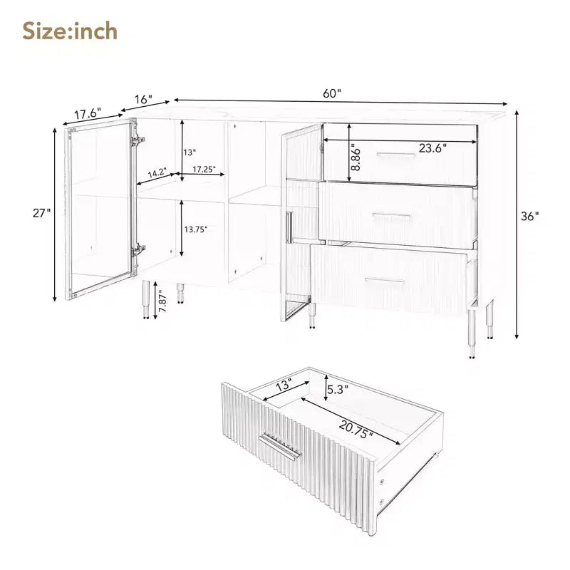 Credenza moderna con piano in finto marmo e gambe in metallo dorato