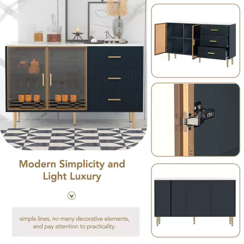 Credenza moderna con piano in finto marmo e gambe in metallo dorato