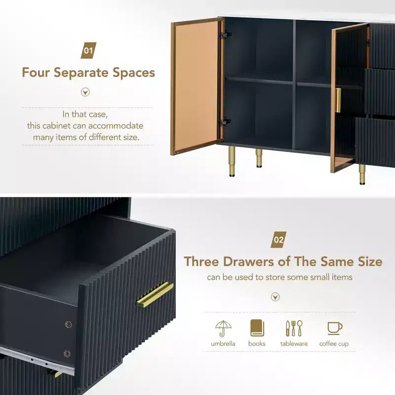 Credenza moderna con piano in finto marmo e gambe in metallo dorato
