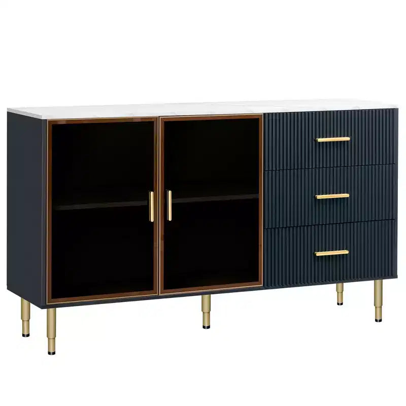 Credenza moderna con piano in finto marmo e gambe in metallo dorato
