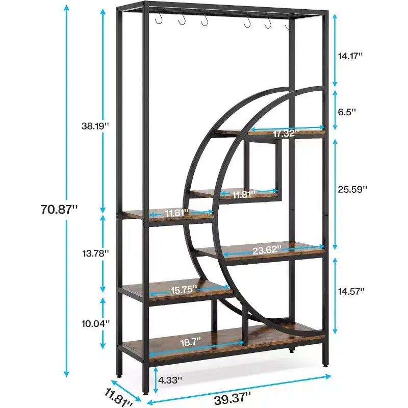 Libreria decorativa a semiluna a 7 ripiani con 6 ganci appendiabiti