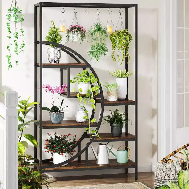 Libreria decorativa a semiluna a 7 ripiani con 6 ganci appendiabiti
