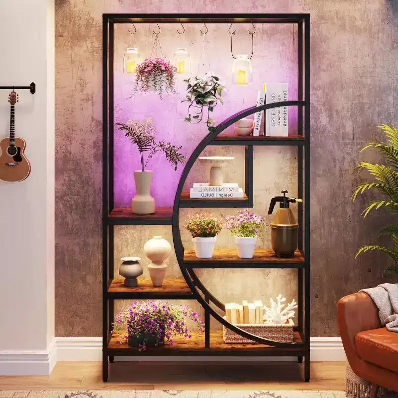 Libreria decorativa a semiluna a 7 ripiani con 6 ganci appendiabiti