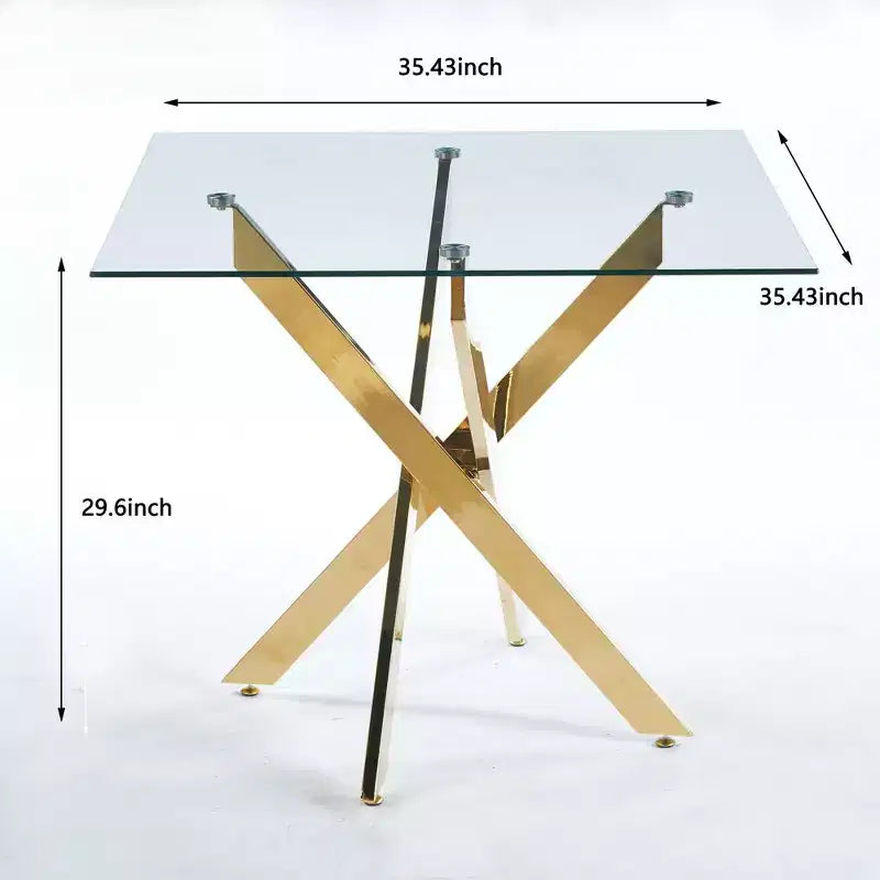 Tavolo da pranzo con gambe incrociate in metallo e piano in vetro temperato, design salvaspazio