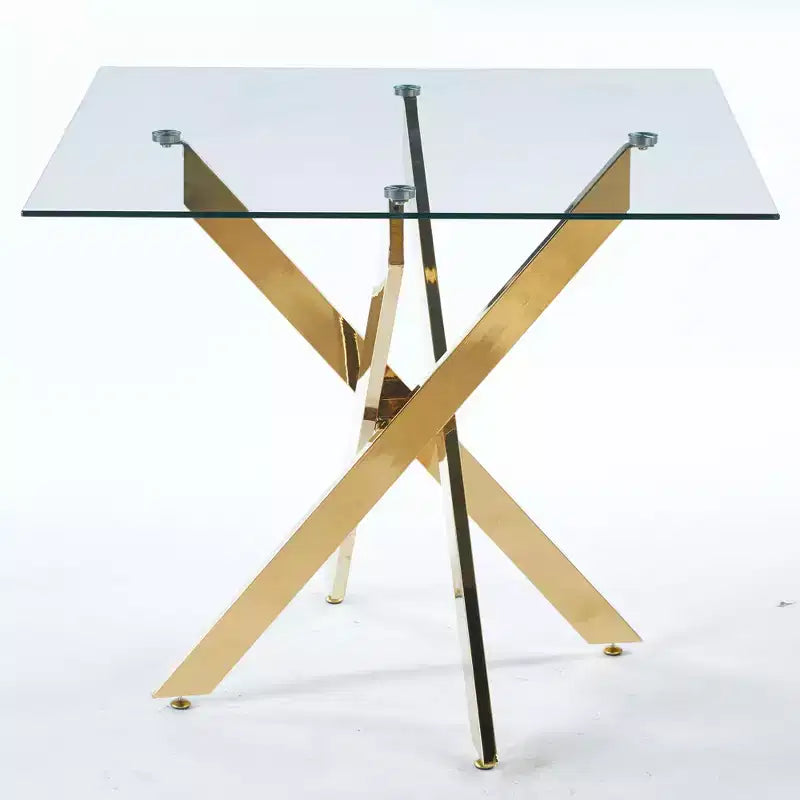 Tavolo da pranzo con gambe incrociate in metallo e piano in vetro temperato, design salvaspazio