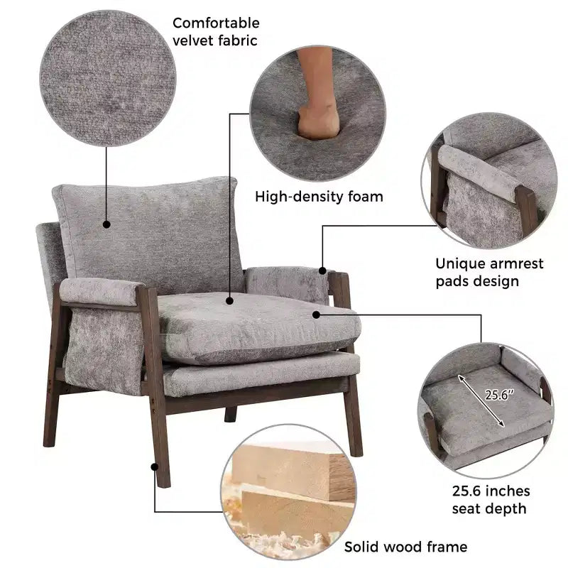 Poltrona d'accento in velluto Mid-Century Modern con struttura in legno massello di gomma