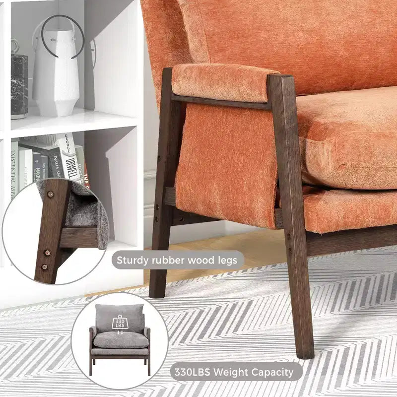 Poltrona d'accento in velluto Mid-Century Modern con struttura in legno massello di gomma
