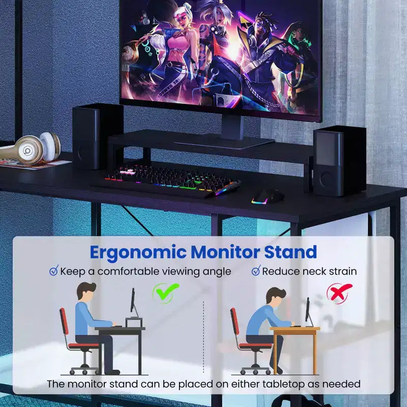 Scrivania da Gaming a L con Striscia LED, Prese di Corrente, Libreria, Supporto per Monitor e CPU