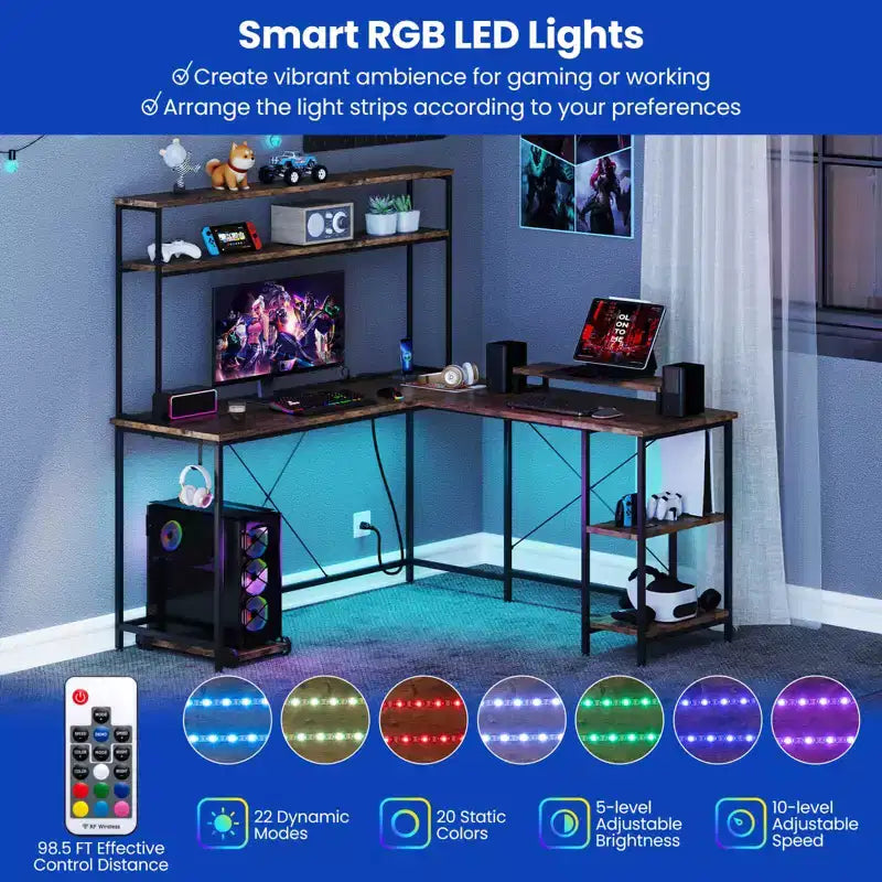 Scrivania da Gaming a L con Striscia LED, Prese di Corrente, Libreria, Supporto per Monitor e CPU