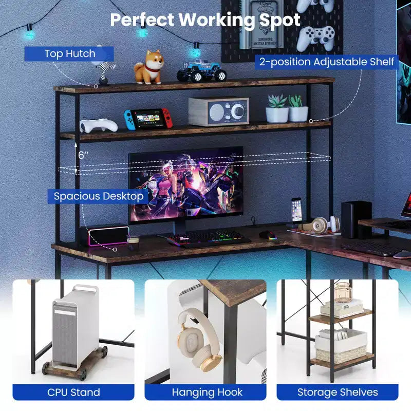 Scrivania da Gaming a L con Striscia LED, Prese di Corrente, Libreria, Supporto per Monitor e CPU