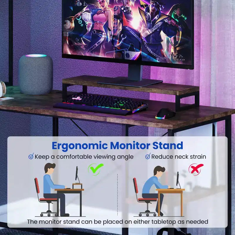 Scrivania da Gaming a L con Striscia LED, Prese di Corrente, Libreria, Supporto per Monitor e CPU