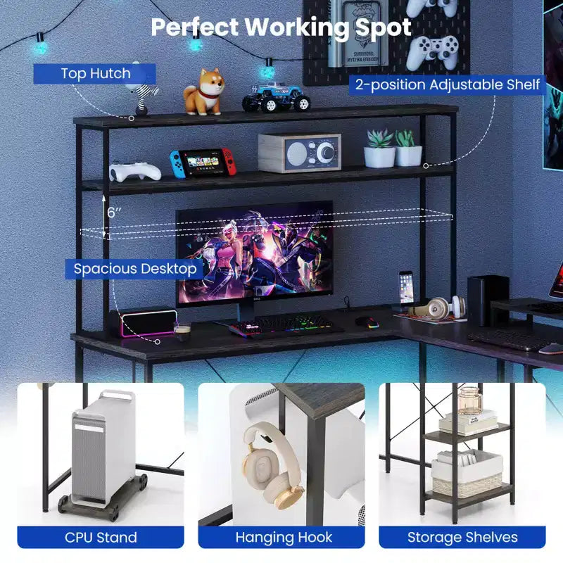 Scrivania da Gaming a L con Striscia LED, Prese di Corrente, Libreria, Supporto per Monitor e CPU