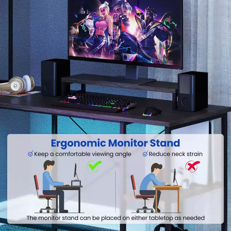 Scrivania da Gaming a L con Striscia LED, Prese di Corrente, Libreria, Supporto per Monitor e CPU