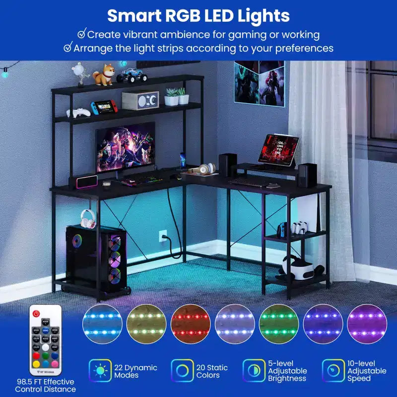Scrivania da Gaming a L con Striscia LED, Prese di Corrente, Libreria, Supporto per Monitor e CPU