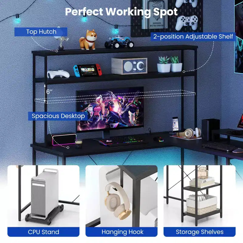 Scrivania da Gaming a L con Striscia LED, Prese di Corrente, Libreria, Supporto per Monitor e CPU