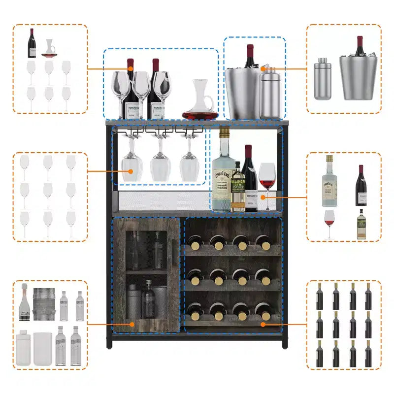 Mobile bar retrò con portabottiglie e ripiani regolabili