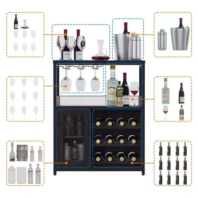 Mobile bar retrò con portabottiglie e ripiani regolabili