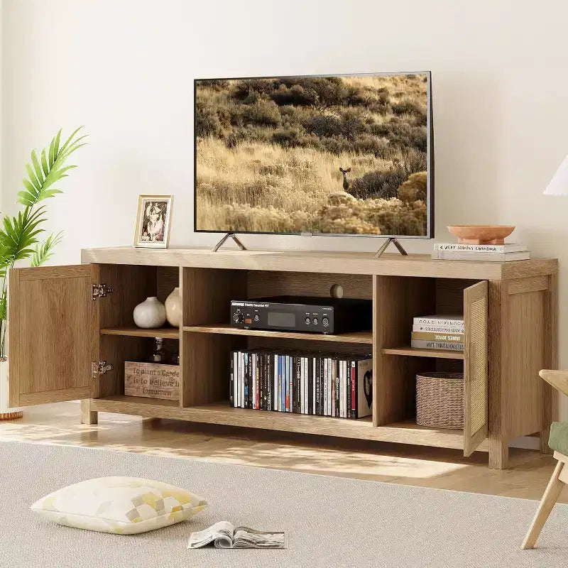Mobile TV in Rattan e Rovere Boho da 75 Pollici, Mobile Porta TV a 2 Livelli con Ripiani Regolabili
