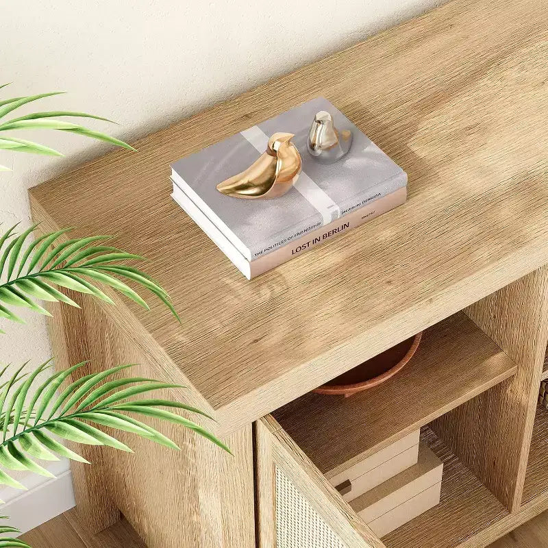 Mobile TV in Rattan e Rovere Boho da 75 Pollici, Mobile Porta TV a 2 Livelli con Ripiani Regolabili