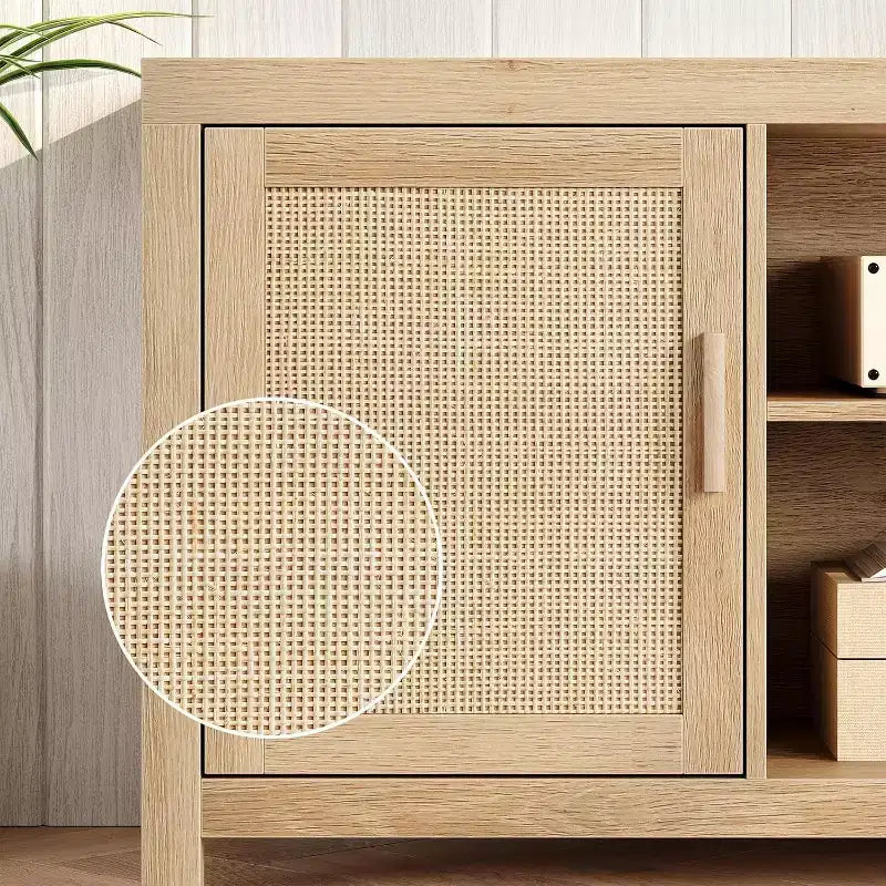 Mobile TV in Rattan e Rovere Boho da 75 Pollici, Mobile Porta TV a 2 Livelli con Ripiani Regolabili
