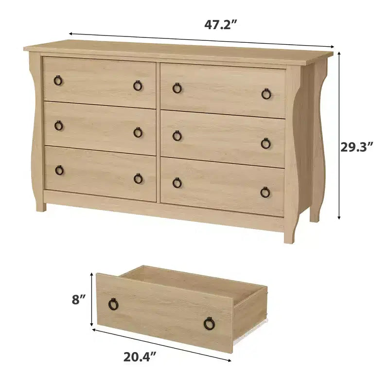 Cassettiera Boho a 7 cassetti con gambe curve e inserti in rattan, autoportante