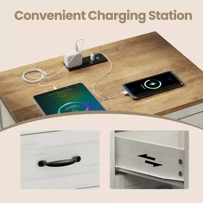 Comodino da Fattoria con Stazione di Ricarica, Tavolino da Comodino a 3 Cassetti con Porte USB