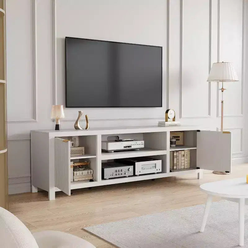 Mobile TV scanalato per TV da 80 pollici, Centro di intrattenimento moderno con 2 livelli di stoccaggio