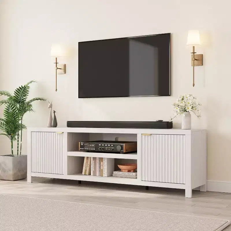 Mobile TV scanalato per TV da 80 pollici, Centro di intrattenimento moderno con 2 livelli di stoccaggio