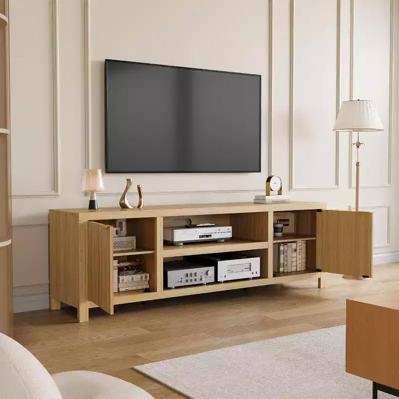 Mobile TV scanalato per TV da 80 pollici, Centro di intrattenimento moderno con 2 livelli di stoccaggio