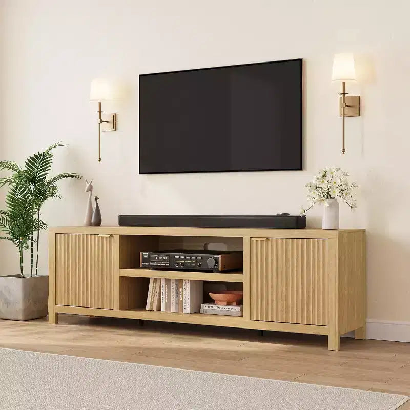 Mobile TV scanalato per TV da 80 pollici, Centro di intrattenimento moderno con 2 livelli di stoccaggio
