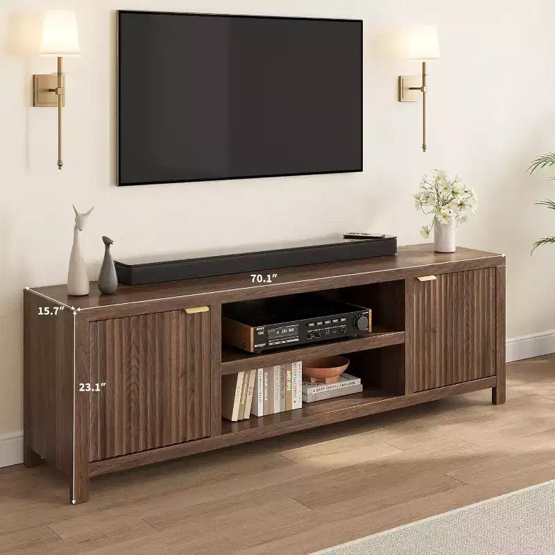 Mobile TV scanalato per TV da 80 pollici, Centro di intrattenimento moderno con 2 livelli di stoccaggio