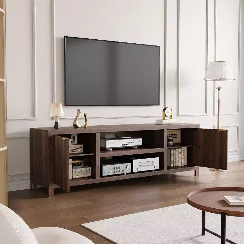 Mobile TV scanalato per TV da 80 pollici, Centro di intrattenimento moderno con 2 livelli di stoccaggio