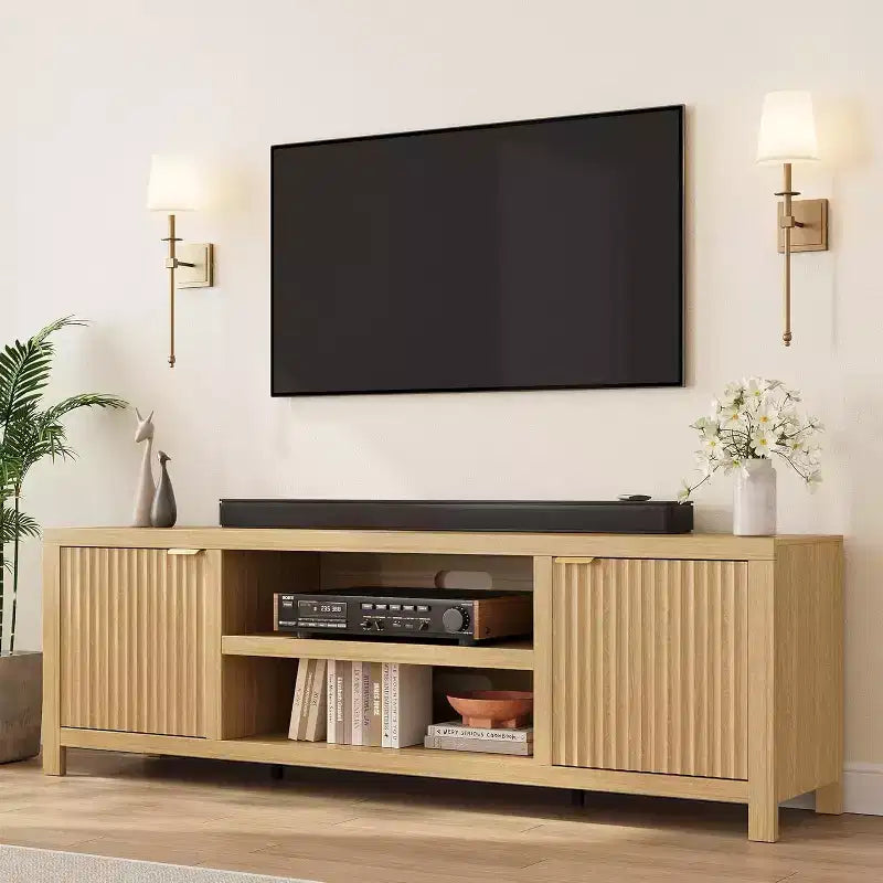 Mobile TV scanalato per TV da 80 pollici, Centro di intrattenimento moderno con 2 livelli di stoccaggio