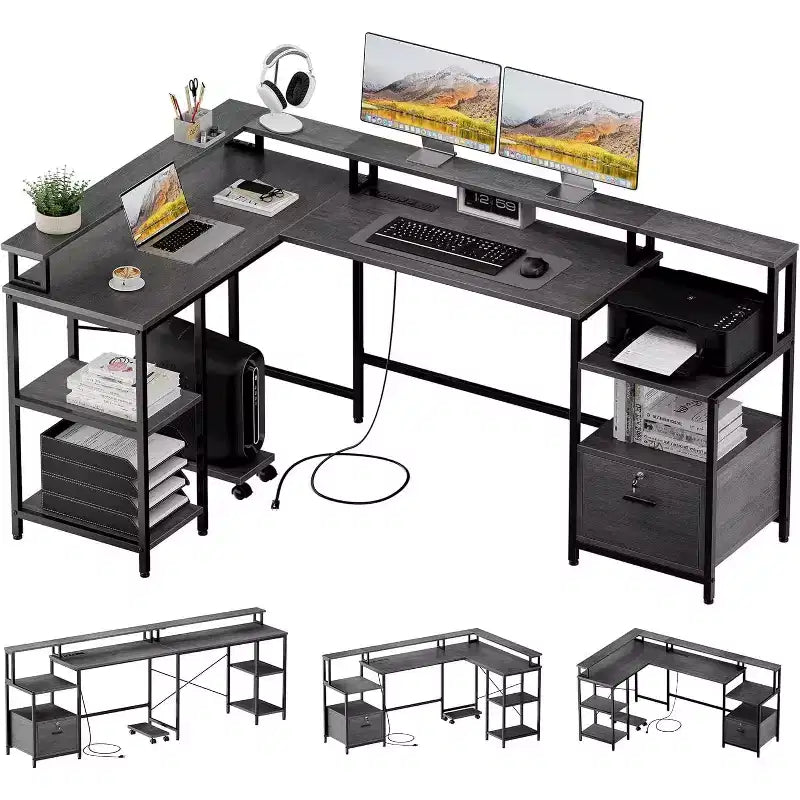 Scrivania a L grigia da 76 pollici con presa di corrente, porte USB, cassetto e mensola per monitor