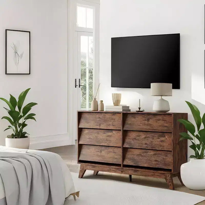 Comò a 6 cassetti, cassettiera vintage da 145 cm con design smussato