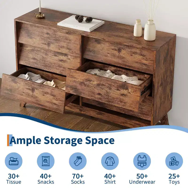 Comò a 6 cassetti, cassettiera vintage da 145 cm con design smussato