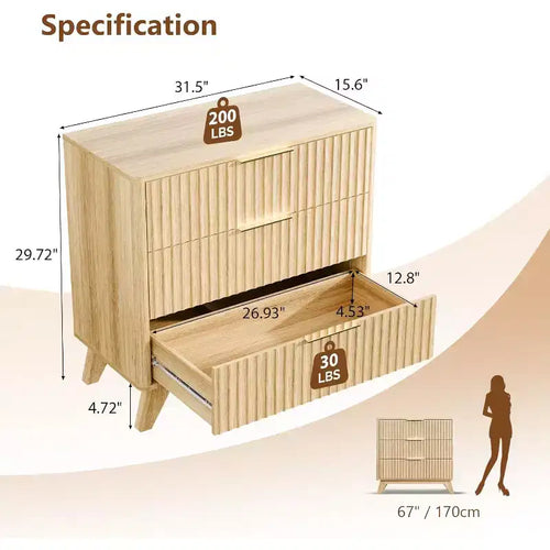 Comodino scanalato alto 80 cm con 3 cassetti, in legno stile Mid-Century Modern