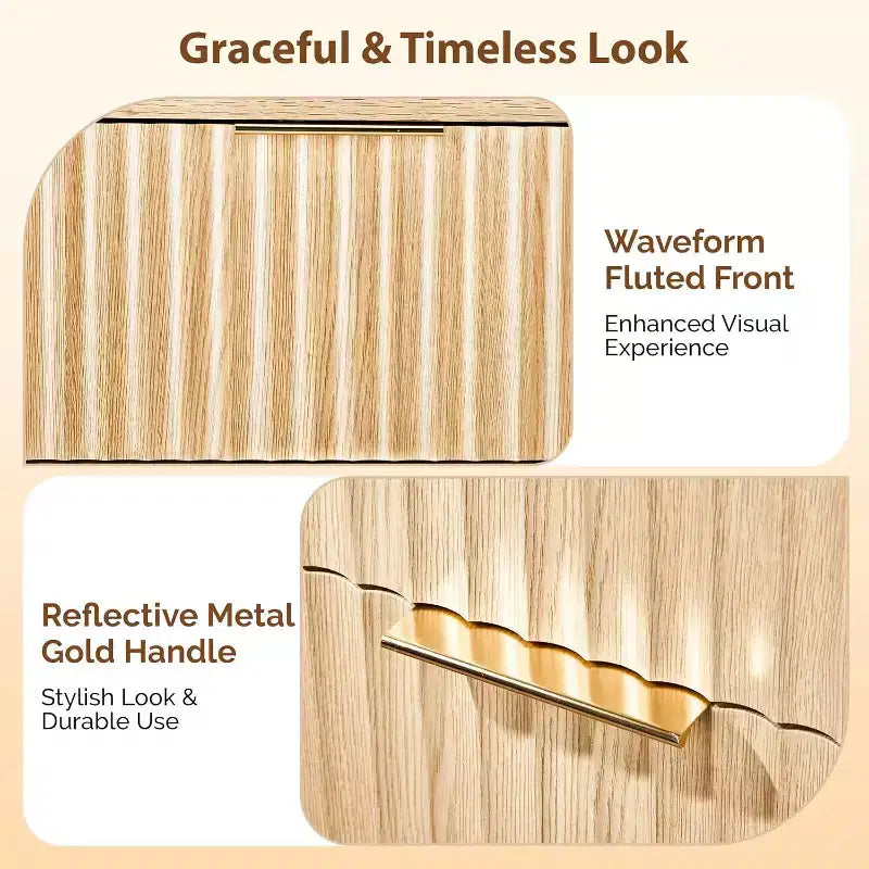 Comodino scanalato alto 80 cm con 3 cassetti, in legno stile Mid-Century Modern