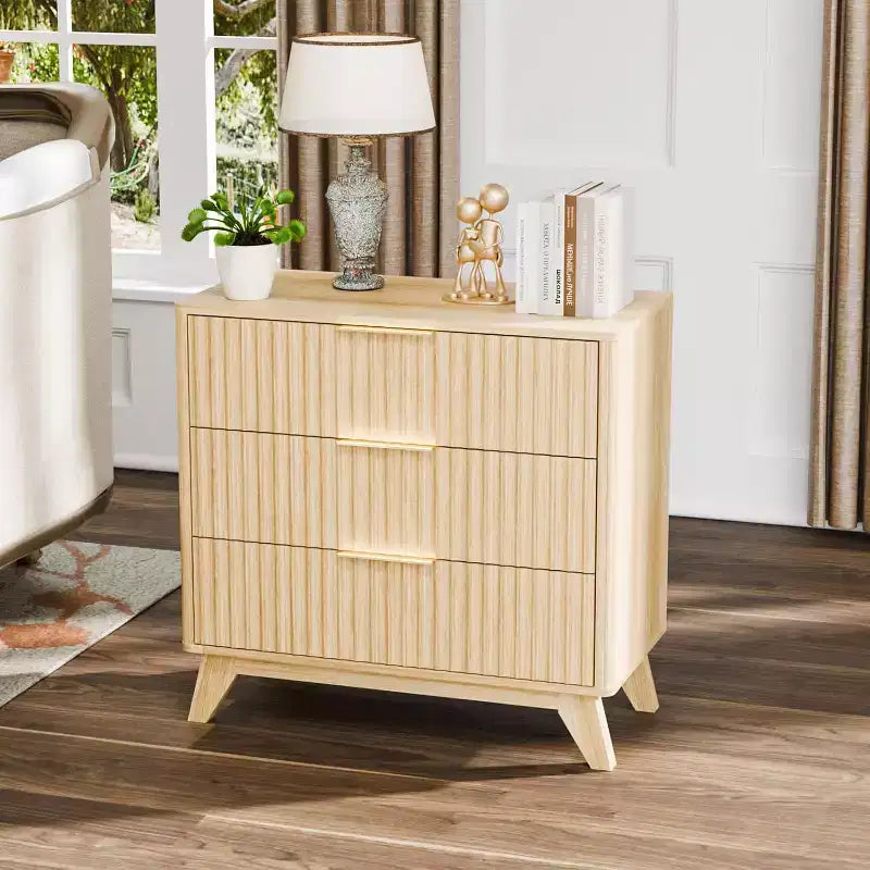 Comodino scanalato alto 80 cm con 3 cassetti, in legno stile Mid-Century Modern