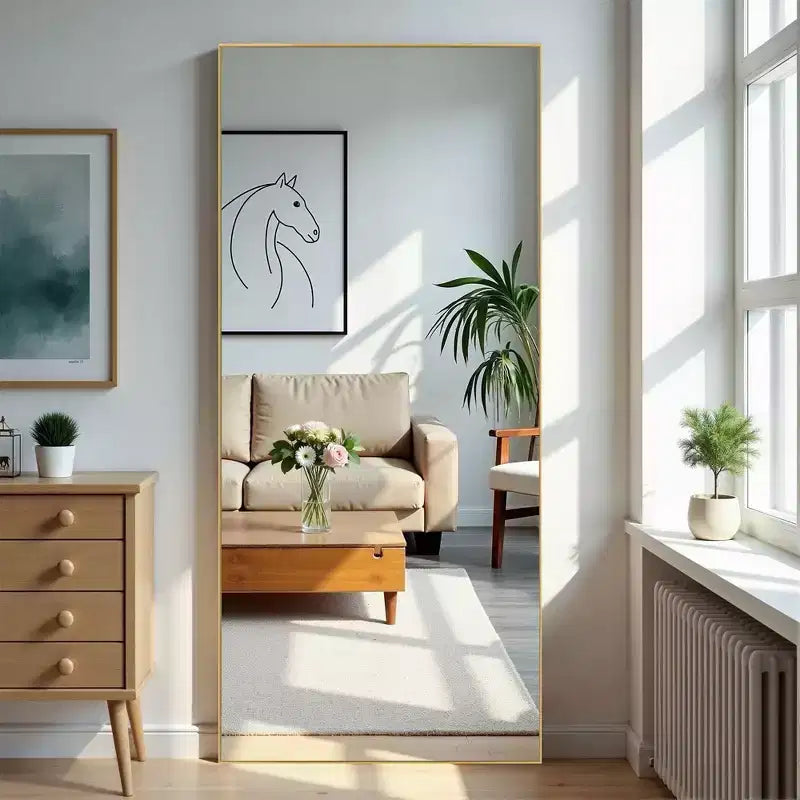 Specchio a figura intera con cornice sottile in alluminio e supporto, 71x31 pollici