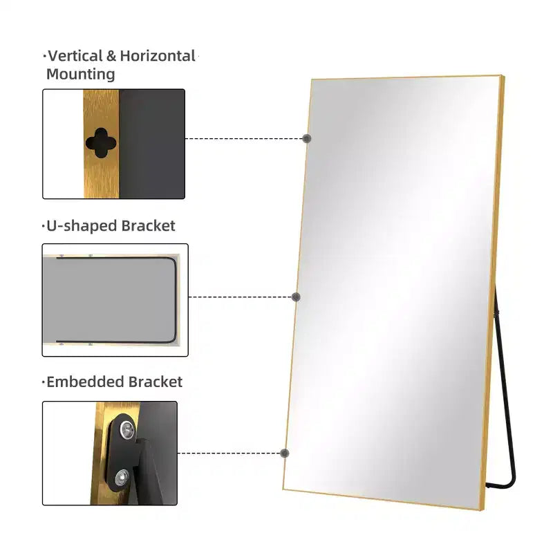 Specchio a figura intera con cornice sottile in alluminio e supporto, 71x31 pollici