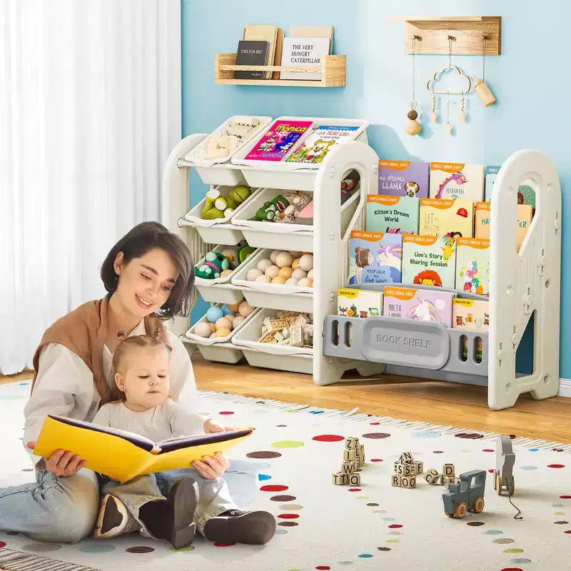 Libreria e Organizzatore Giocattoli 2-in-1 per Bambini con Contenitori, Bianco
