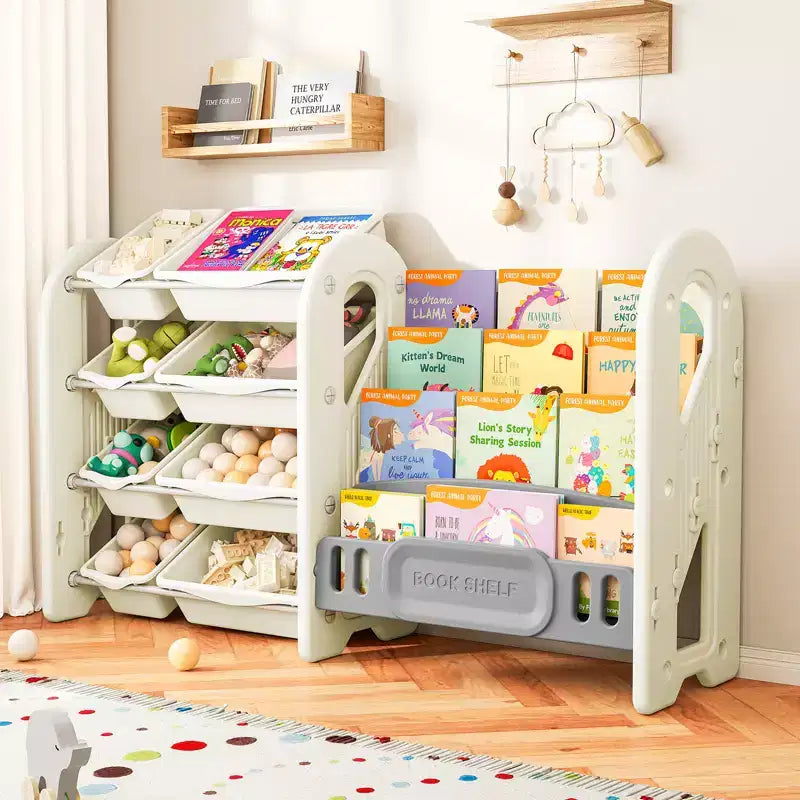 Libreria e Organizzatore Giocattoli 2-in-1 per Bambini con Contenitori, Bianco