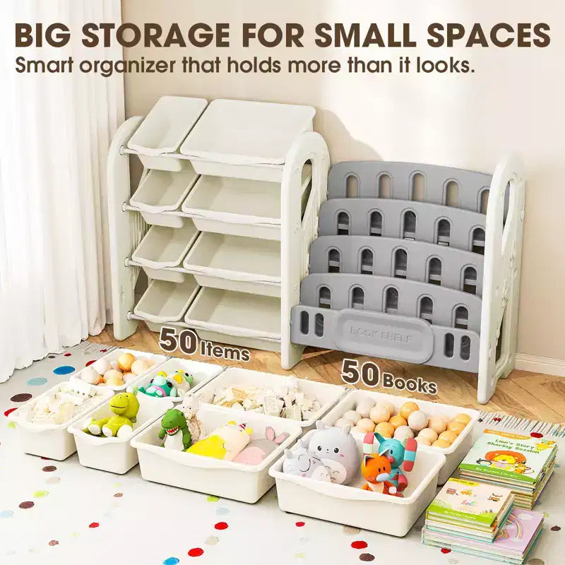 Libreria e Organizzatore Giocattoli 2-in-1 per Bambini con Contenitori, Bianco
