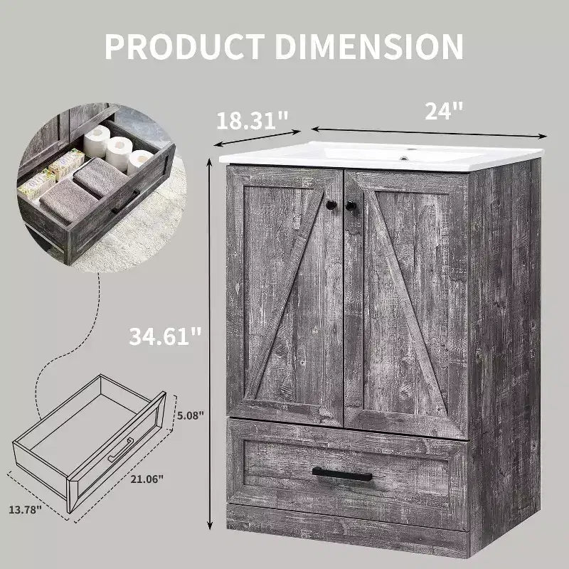 Mobile Bagno Stile Farmhouse da 24 Pollici con Lavabo e Ampio Cassetto Contenitore