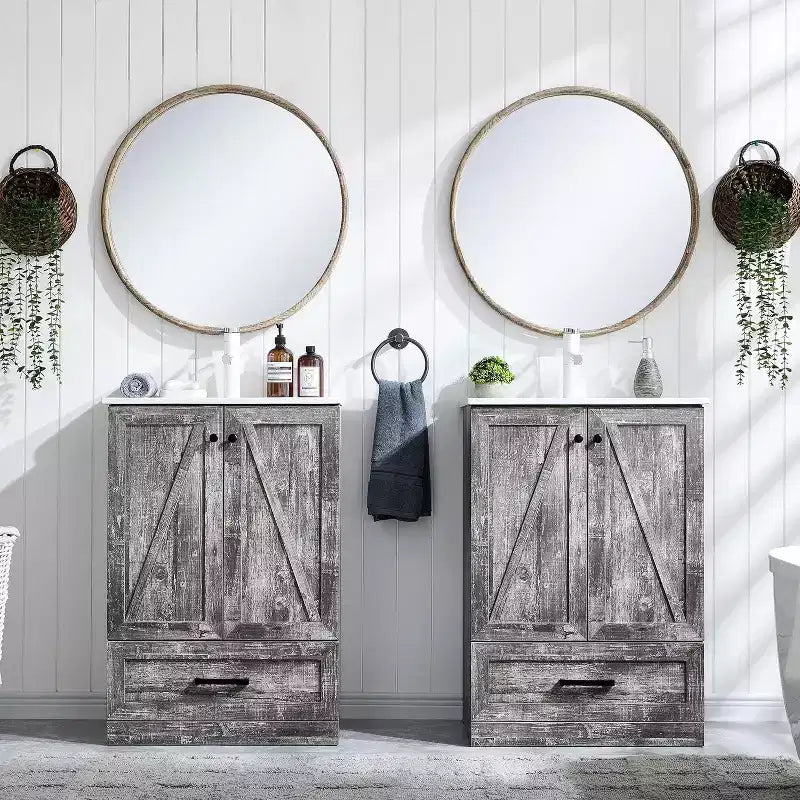 Mobile Bagno Stile Farmhouse da 24 Pollici con Lavabo e Ampio Cassetto Contenitore