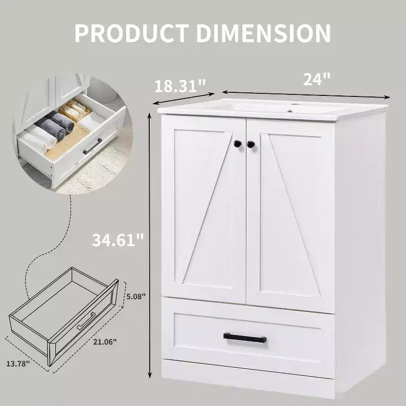 Mobile Bagno Stile Farmhouse da 24 Pollici con Lavabo e Ampio Cassetto Contenitore