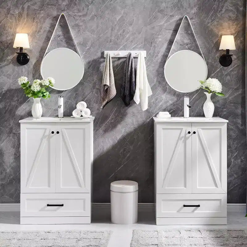 Mobile Bagno Stile Farmhouse da 24 Pollici con Lavabo e Ampio Cassetto Contenitore
