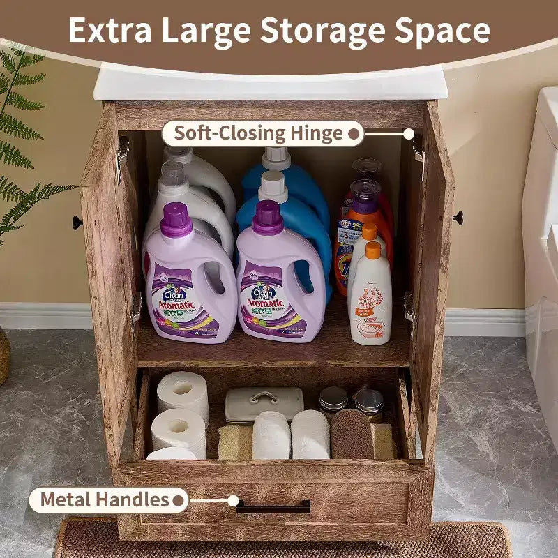 Mobile Bagno Stile Farmhouse da 24 Pollici con Lavabo e Ampio Cassetto Contenitore